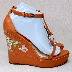 Christian Dior Embroidered Leather Wedge/Heel Sandals Orange Floral Women’s 8